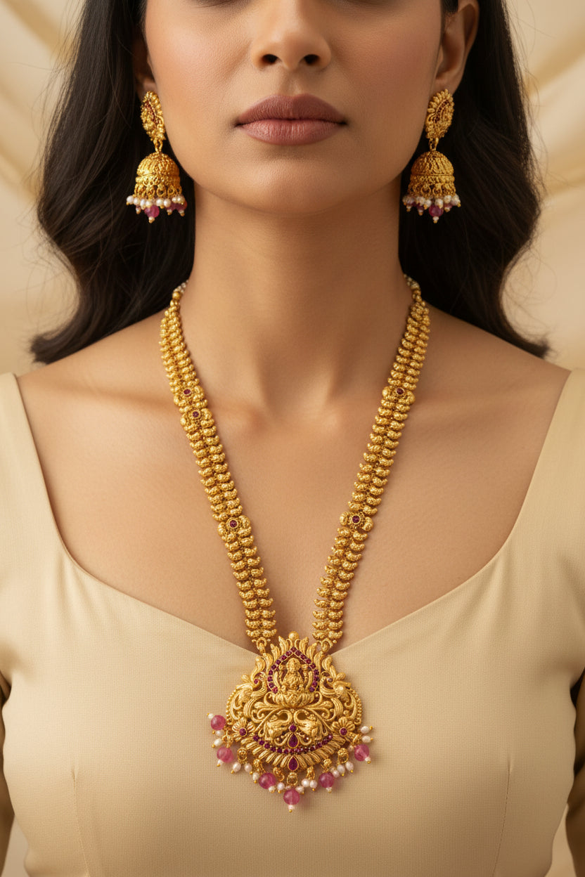 #LC1221 traditional South Indian gold-plated Lakshmi temple necklace set