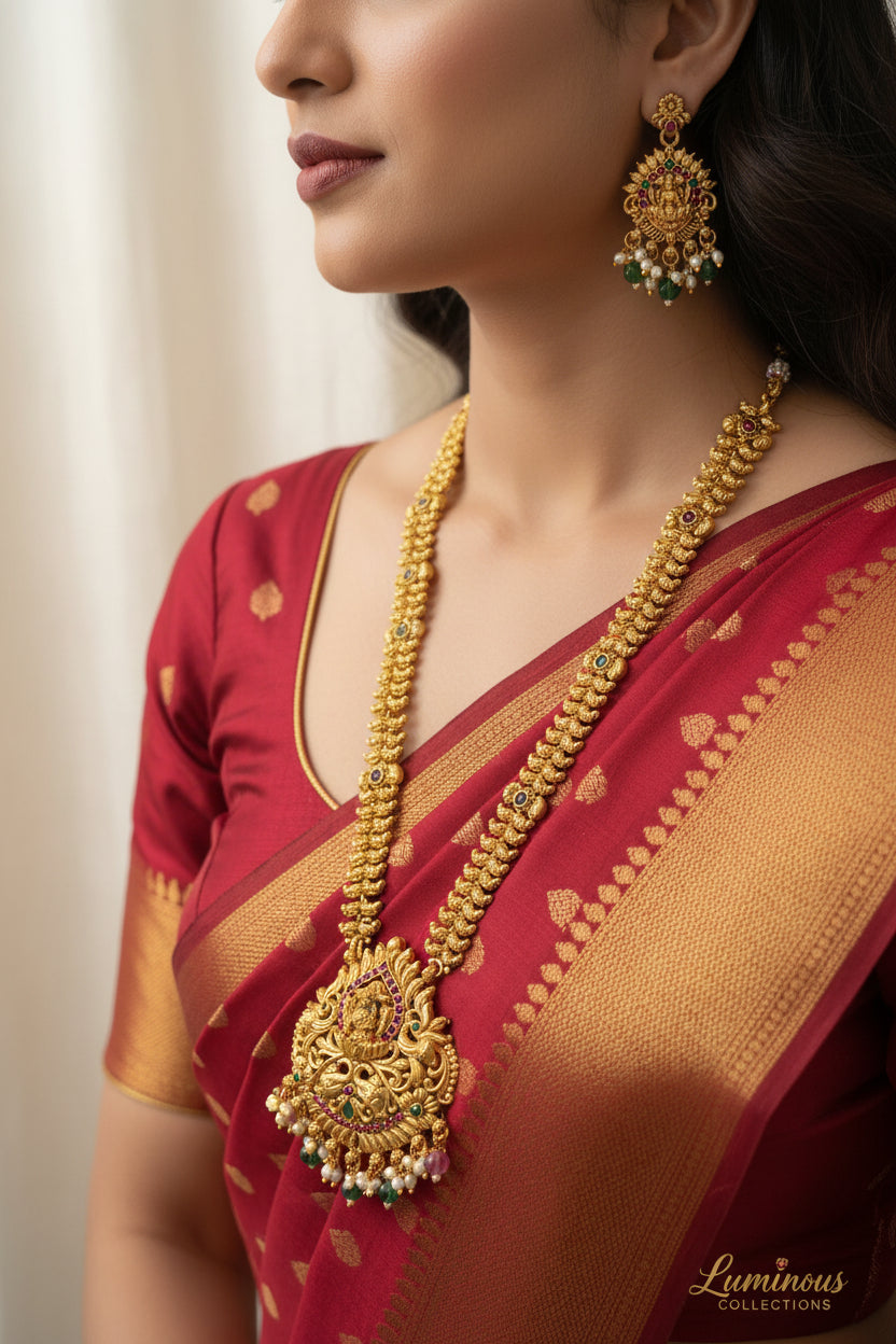 #LC1221 traditional South Indian gold-plated Lakshmi temple necklace set