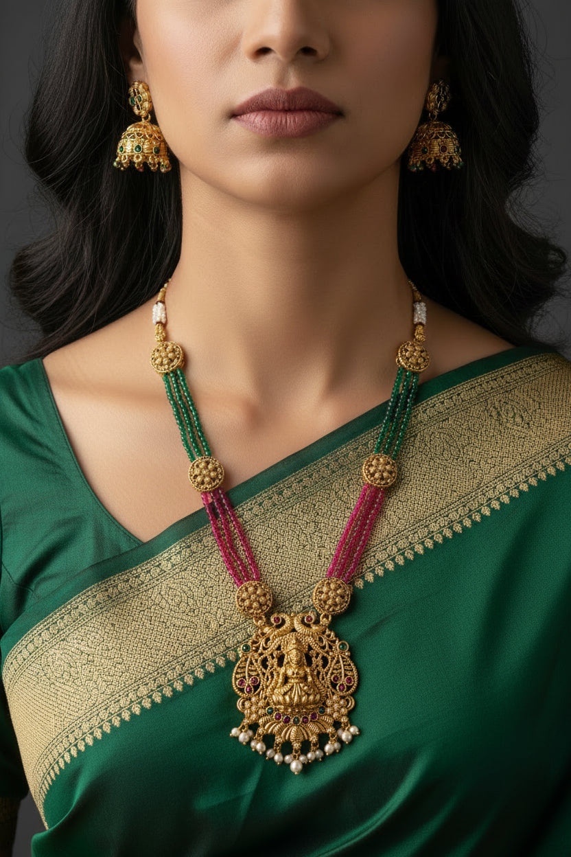 #LC1223 Lakshmi temple long haram necklace with matching jhumka earrings.