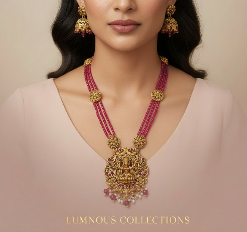 #LC1223 Lakshmi temple long haram necklace with matching jhumka earrings.