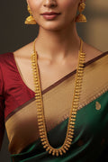 #LC1218 traditional South Indian gold-plated Kasulaperu long haram necklace set with matching jhumka earrings.