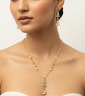 #LC1215 delicate necklace and matching earrings set crafted with gold colour chains, small pearls, and coloured gemstones.