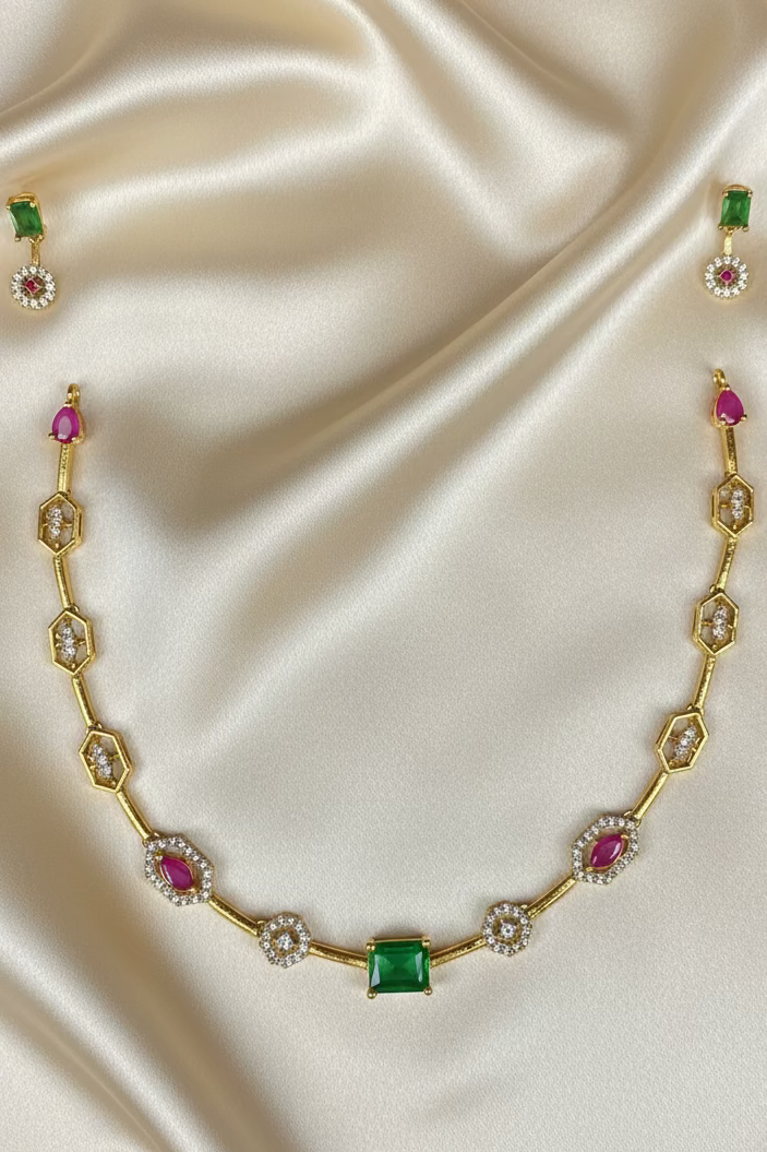 #LC1315 Cubic Zirconia Geometric Choker Set
