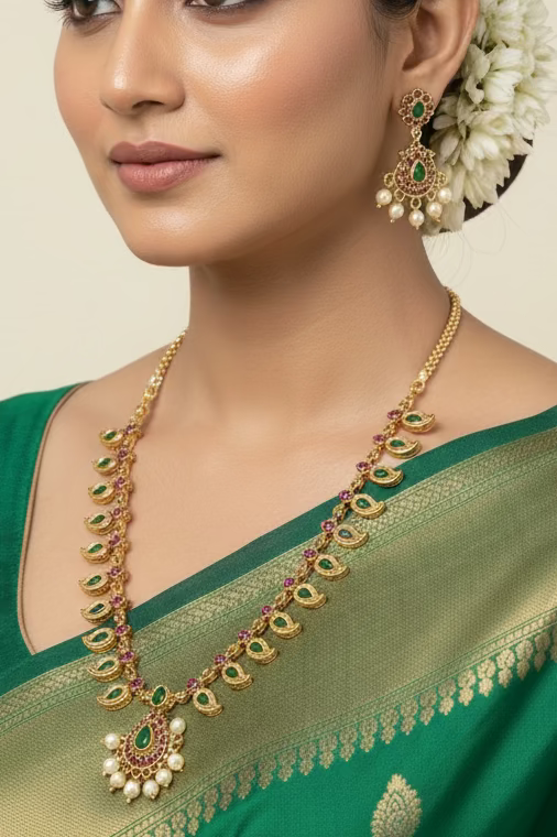 #1319 Emerald Mango Mala Necklace Set