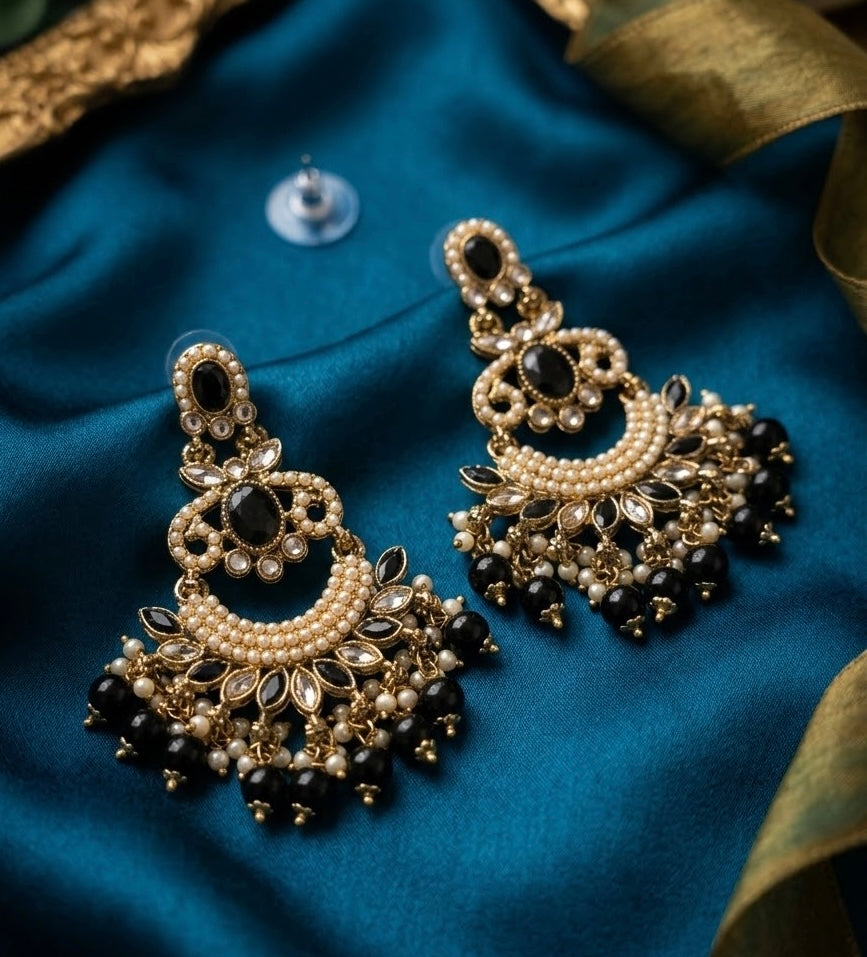 #LC1026 Chandbali earrings studded with black stones and pearls