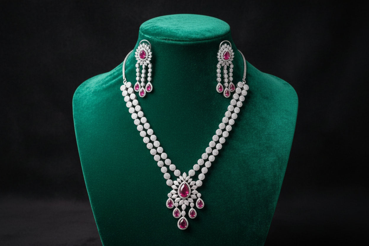 #LC1155 Double-layered American diamond necklace and matching earrings in a ruby design
