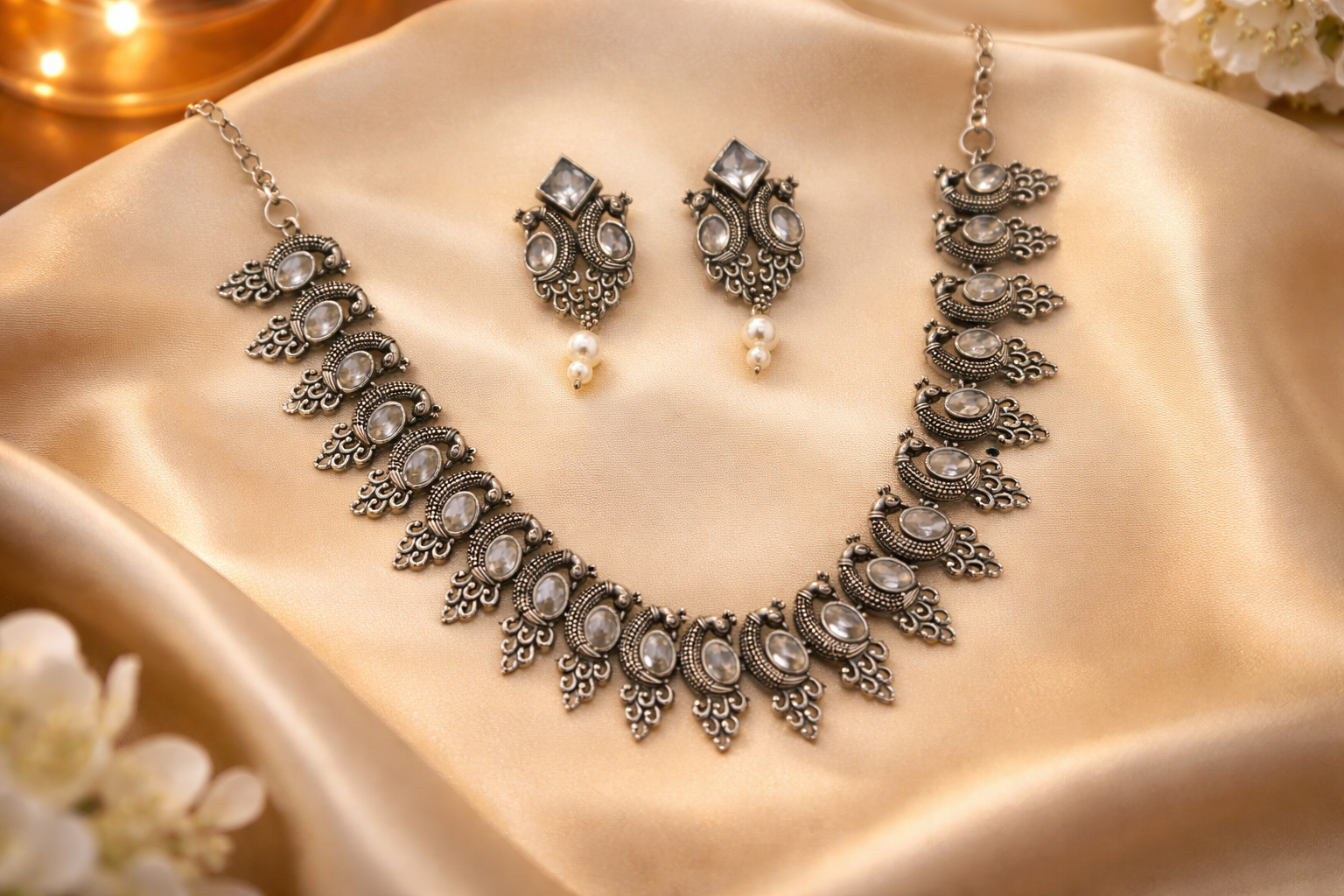 #LC1100 Silver Pearl Peacock Necklace Set