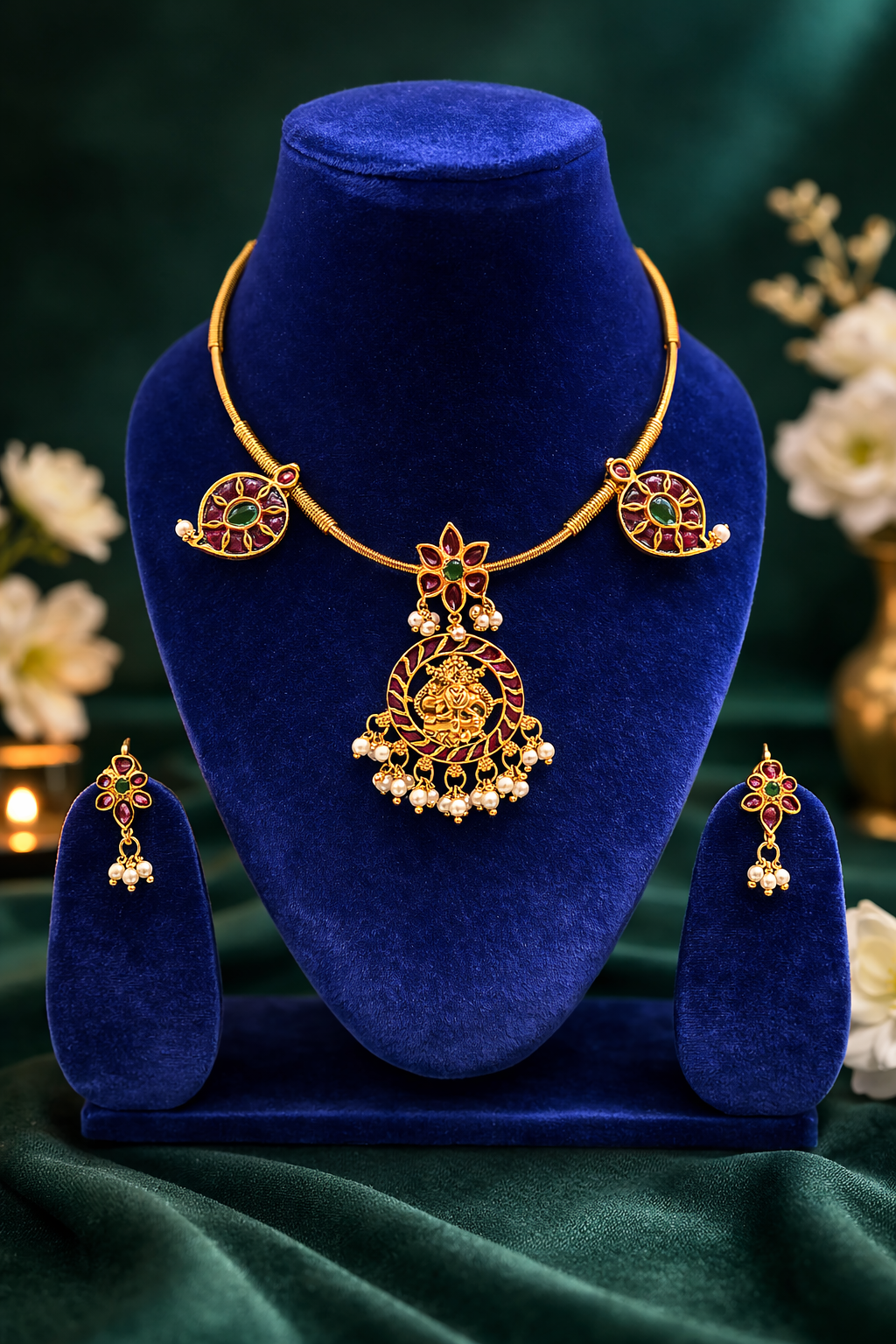 #LC1078 Antique Lakshmi pendant necklace with pearldrops