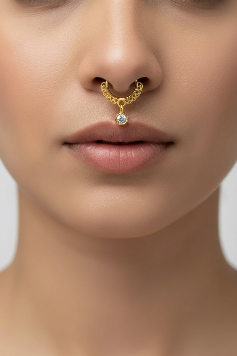 #LC1146 gold-tone clip-on non-pierced middle nose ring with a white stone drop size 16mm