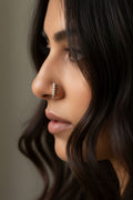 #LC1147 silver toned nose ring with a stacked triangle design