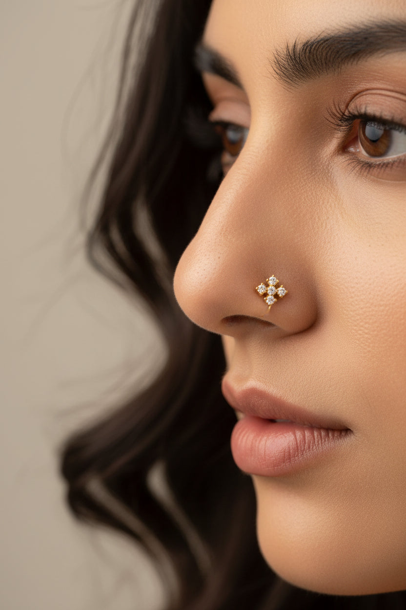 #LC1150 studded gold tone nose pin featuring a cluster design