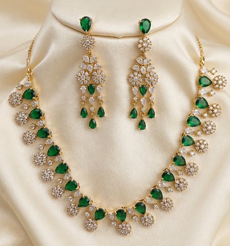 #LC1131 Emerald Green Teardrop Occasion Necklace Set