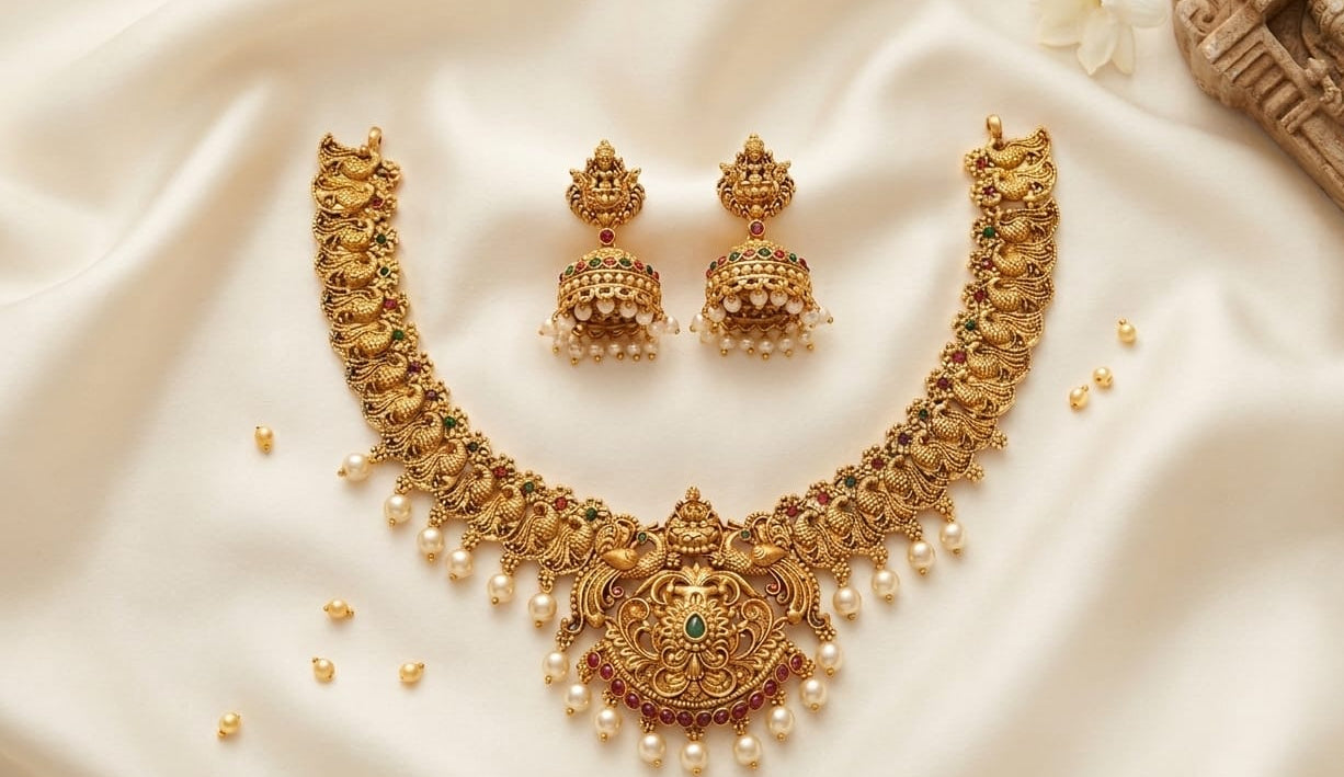 #LC1069 Traditional green and white pearl Lakshmi Malay Set